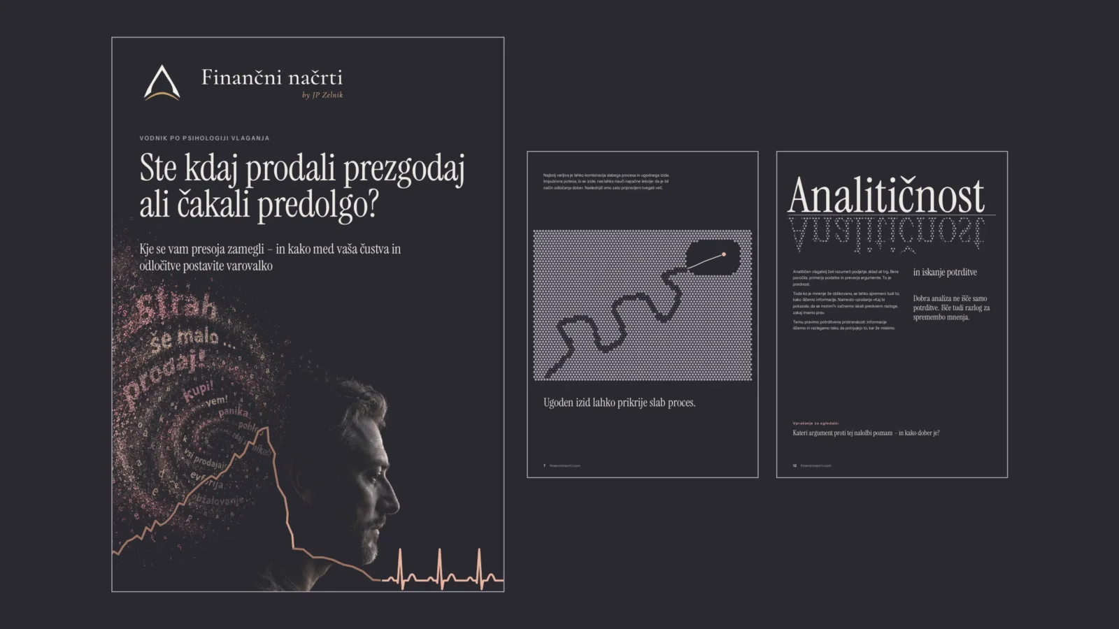 Naslovnica vodnika z moškim profilom in vrtincem rožnatih besed (strah, še malo …, prodaj!, kupi!, vem!, panika, pohlep, zdaj ali nikoli, vsi prodajajo, evforija, obžalovanje) ob dveh notranjih straneh: zavita pot, skrita pod meglo, s stavkom »Ugoden izid lahko prikrije slab proces.« in velika beseda »Analitičnost« z rastrskim odsevom.